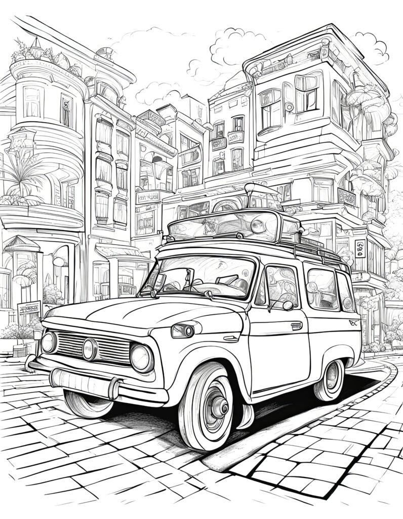 Free coloring page for Children and Adults. Cars theme. Car in the city.