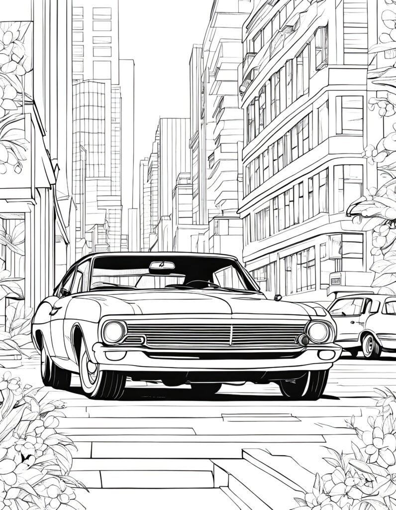 Free coloring page for Children and Adults. Cars theme. Car in the city.