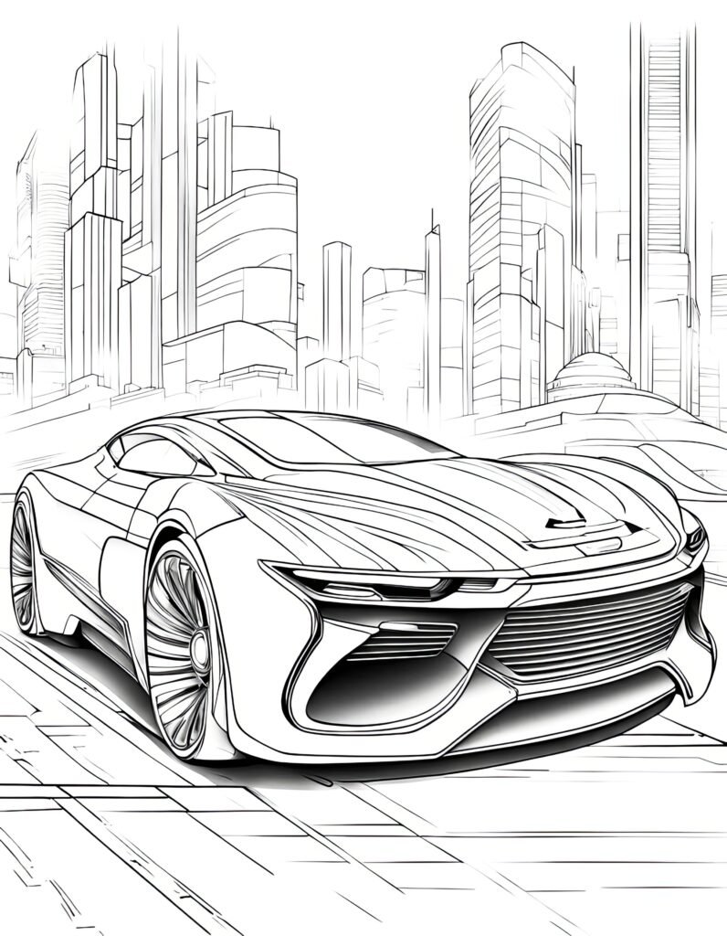 Free coloring page for Children and Adults. Car in the city.